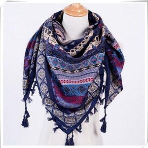 Boho Aztec Geo Patchwork Square Scarf with
Tassels in Blue Multi